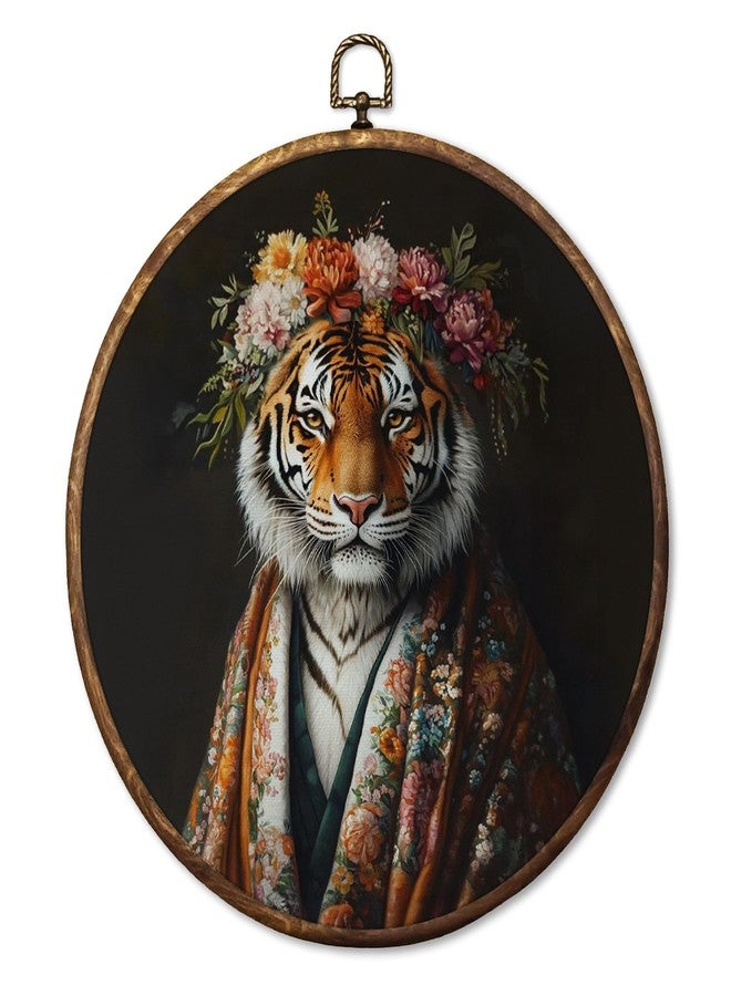 HUGANE Vintage Moody Floral Tiger Round Wall Art Decor, Trendy Maximalist Eclectic Tiger Hanging Canvas Framed Prints Wall Sculptures for Home Office Living Room Decor, 10x10 Inch - Image 1